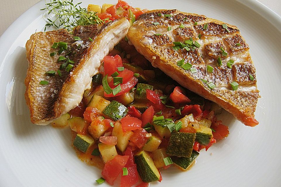 Red Snapper auf Zucchini - Tomaten - Gemüse