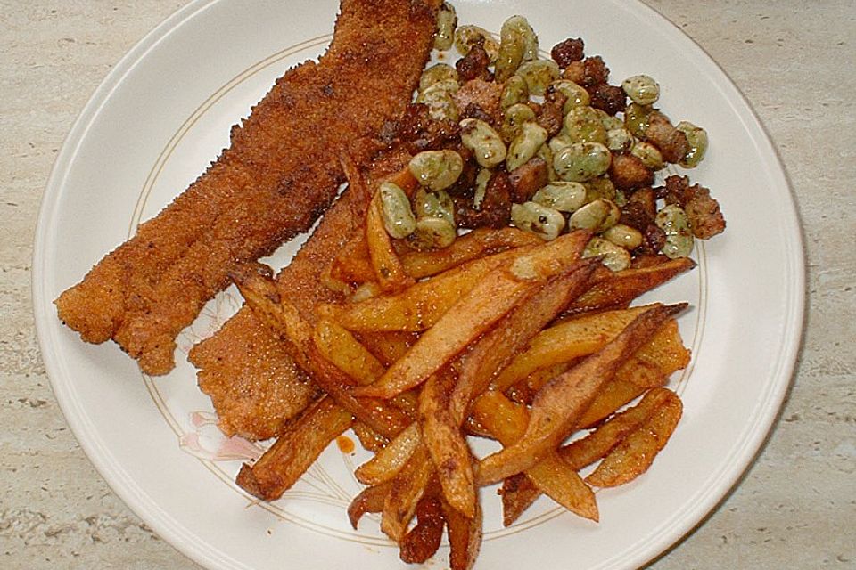 Westfälisches Schnitzel mit selbst gemachten Pommes und dicken Bohnen mit Speck