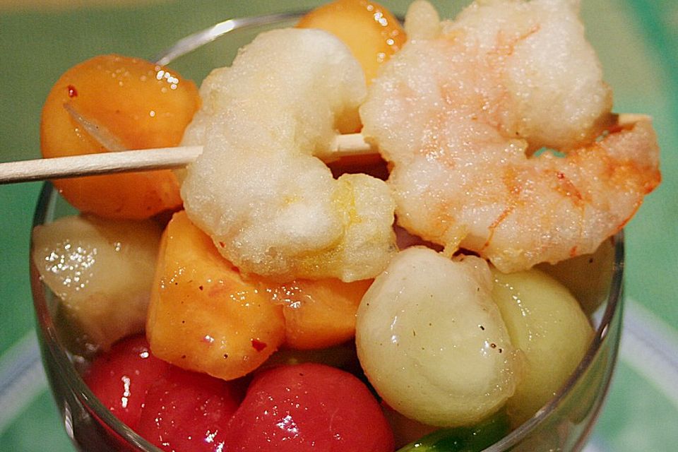 Melonensalat mit Garnelen – Tempura