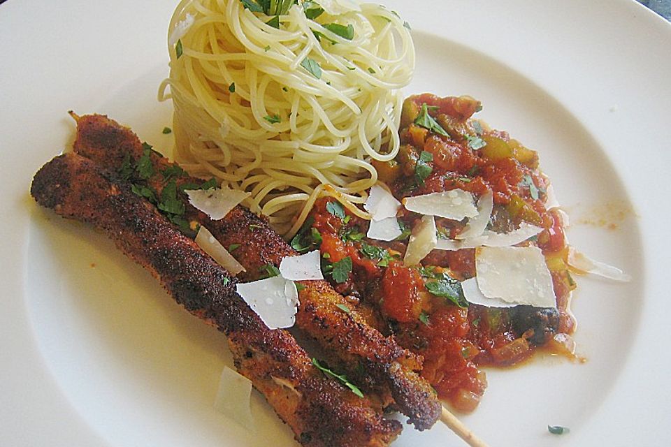 Speckstangen mit Pasta und einem Kompott aus Tomaten, Gurken und Oliven