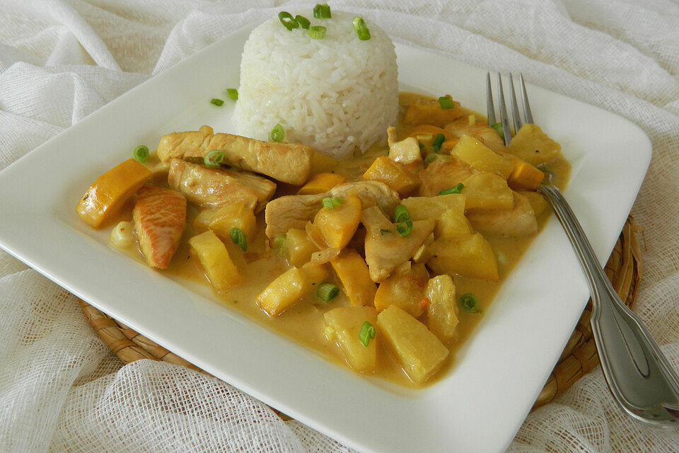 Putengeschnetzeltes mit Curry - Sauce süß - sauer