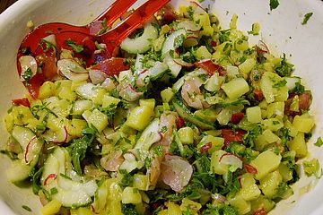 Kartoffelsalat mit Löwenzahn und Räucherlachs