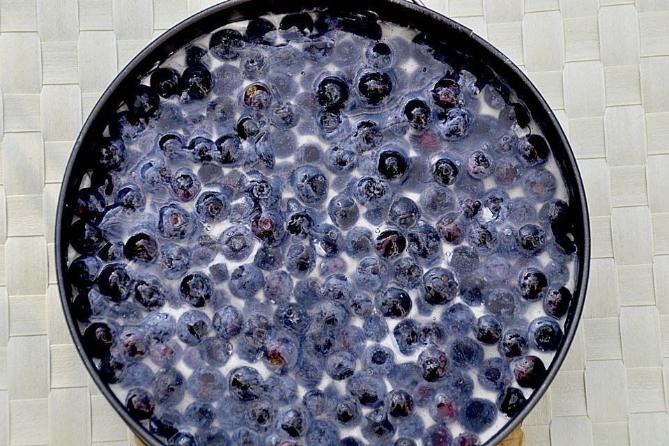 Frischkäsetorte mit Bröselboden und Blaubeeren