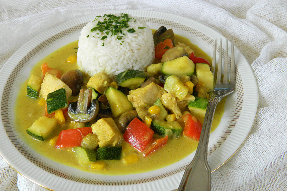 Hühnchen - Gemüse - Pfanne mit Curry und Kokos