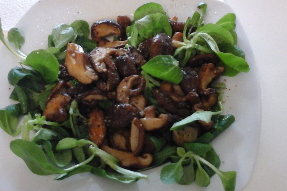 Feldsalat mit gebratenen Shiitake - Pilzen und Walnussöl