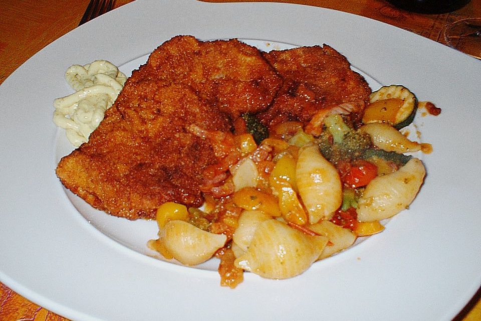 Schnitzel á la Kalli mit Torro - Rosso - Nudel - Gemüse