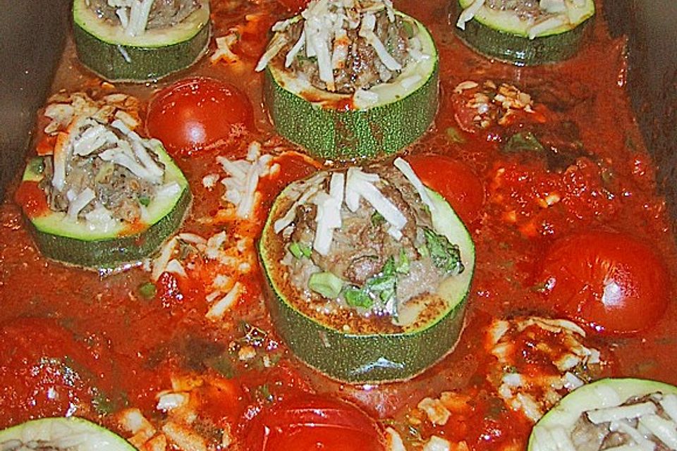 Zucchini mit Tatarfüllung in einer Tomatensauce