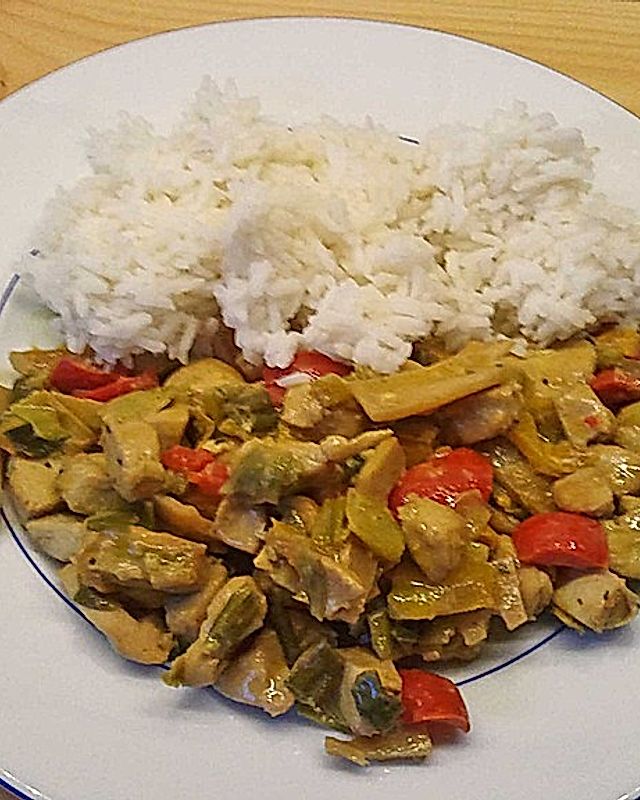 Paprika - Kokos - Curry mit Putenfleisch und Reis