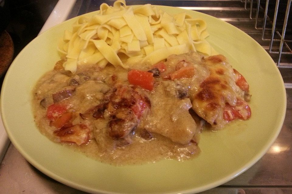 Ofenschnitzel mit Champignons und Paprika