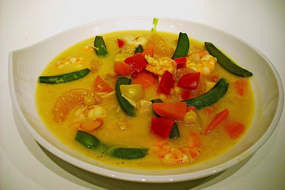 Kokos - Curry - Suppe mit Garnelen