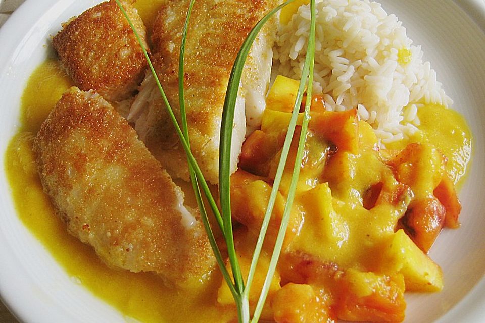 Fischfilets mit Obst und Curry