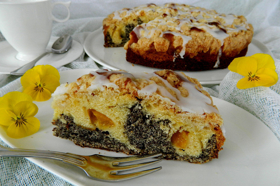 Mohn - Streuselkuchen mit Aprikose oder Pfirsich