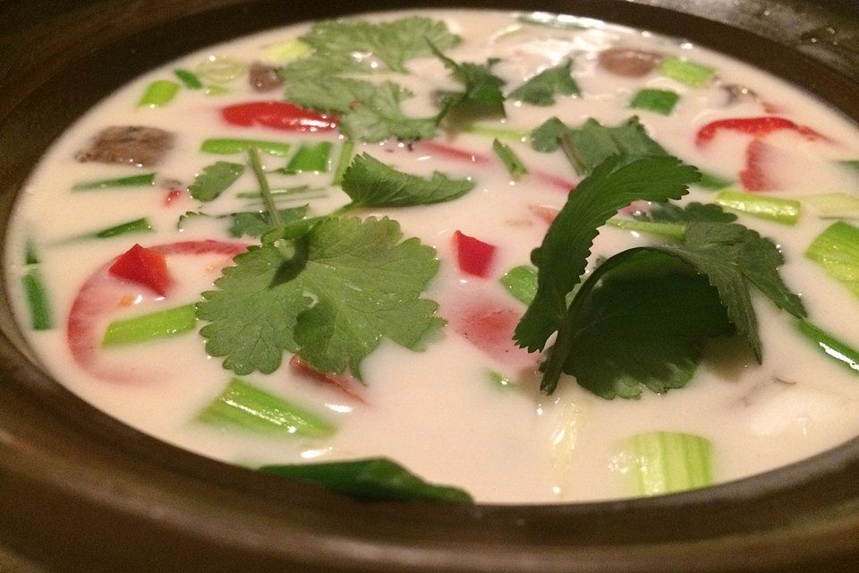 Tom Kha Gai - die berühmte Hühnersuppe mit Kokosmilch und Galgant