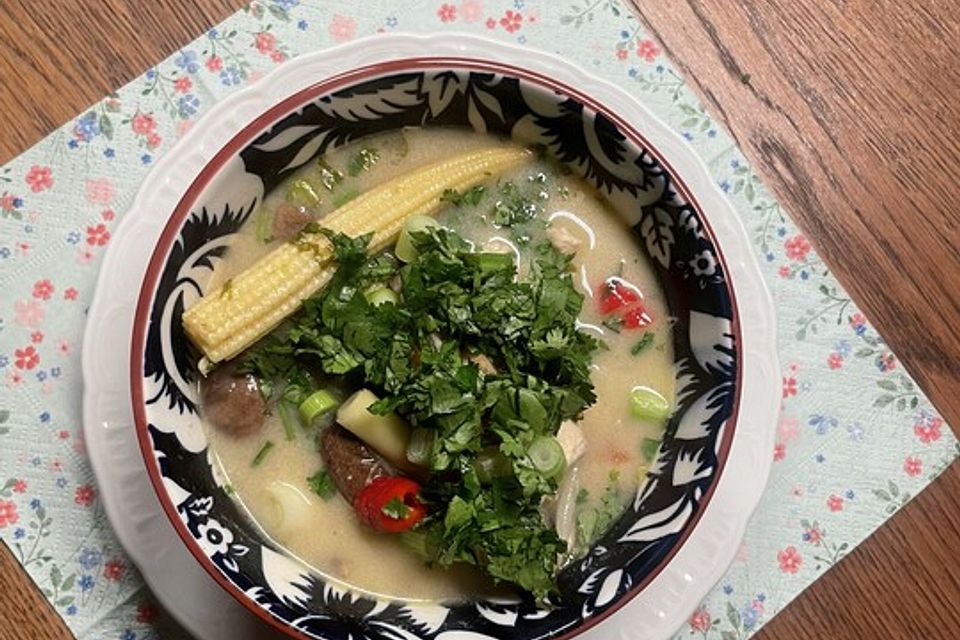 Tom Kha Gai - die berühmte Hühnersuppe mit Kokosmilch und Galgant