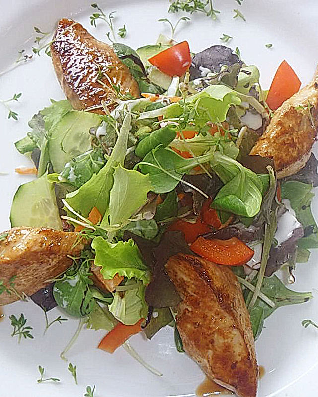 Marinierte Putenstreifen auf buntem Salat