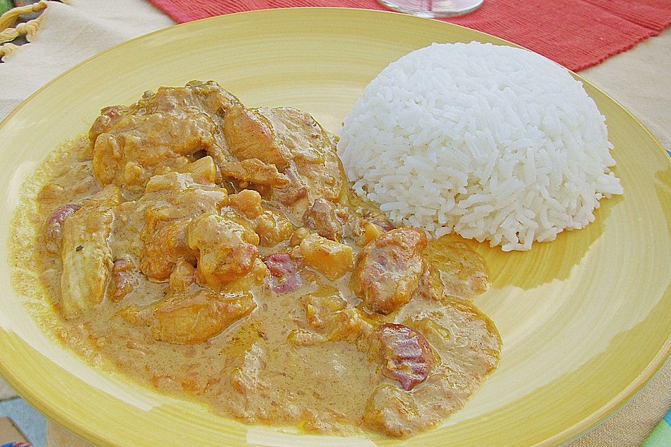 Curryhühnchen mit Früchten aus dem Wok