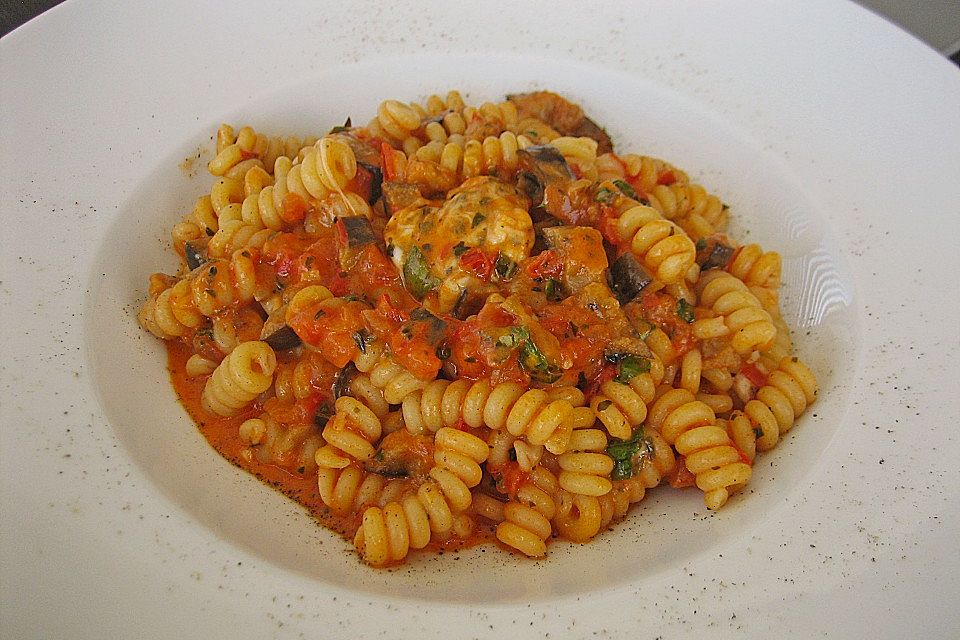 Fusilli mit Auberginen und Mozzarella