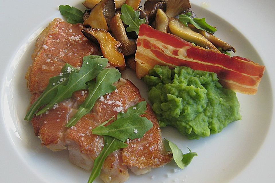 Coneyfilets auf der Haut gebraten mit Pilzen und Rucola - Kartoffel - Püree