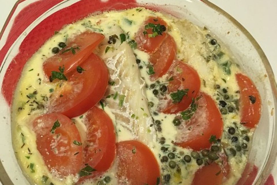 Fischauflauf mit Tomaten und Pfefferkörnern