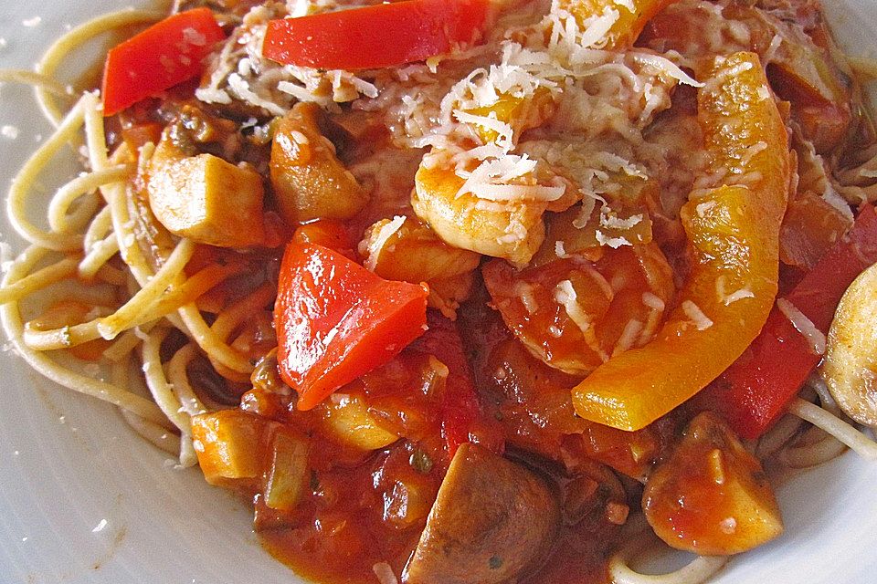 Pasta asciutta mit Paprika und Champignons