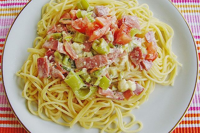 Spaghetti mit Speck - Käse - Sauce von tigger37| Chefkoch