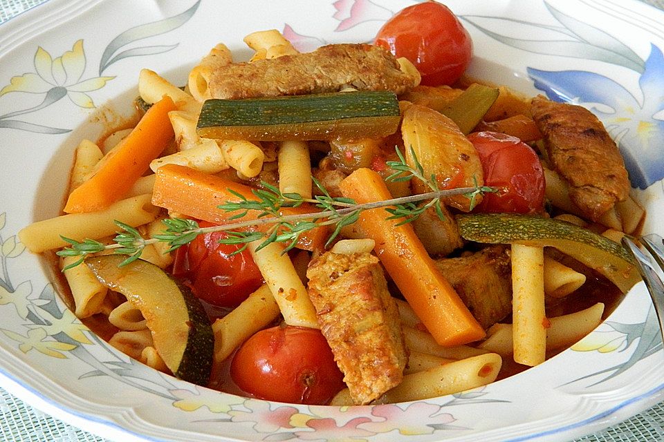 Schweinefiletpfanne mit Zucchini - Möhren - Penne rigate