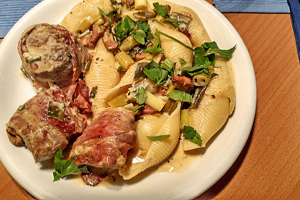 Schweinemedaillons im Parmaschinkenmantel mit Steinpilz-Gorgonzola-Sauce