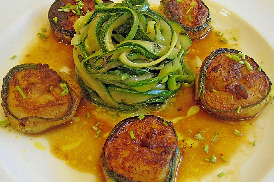 Garnelen mit Zucchinijulienne in Hummersauce