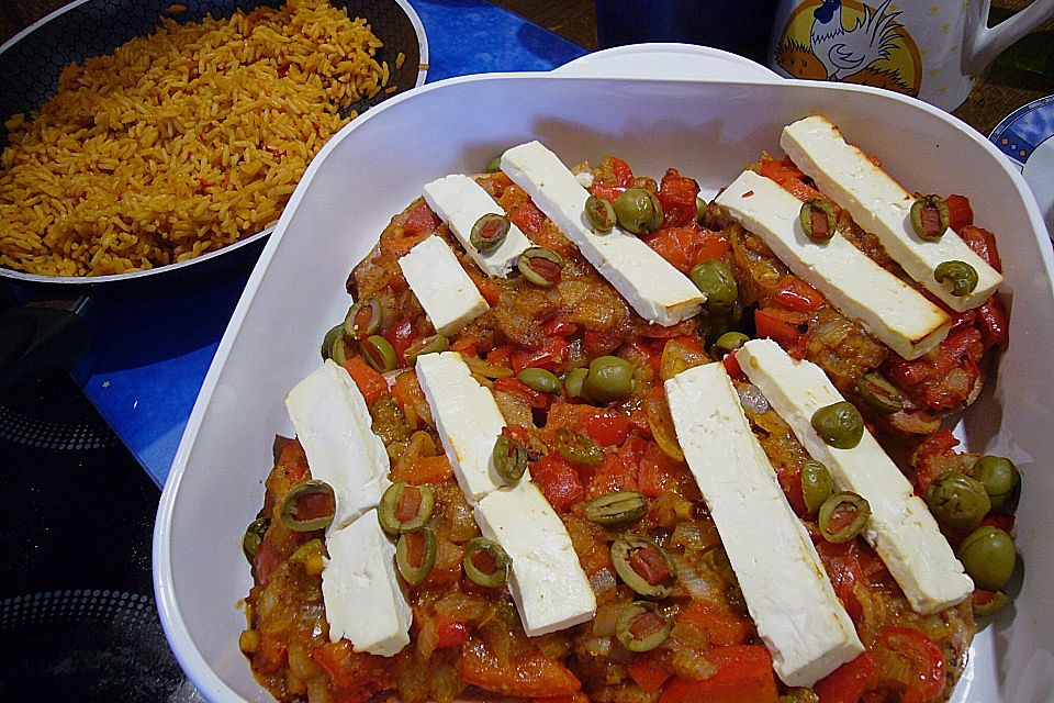 Leberkäse mit Paprika und Schafskäse überbacken