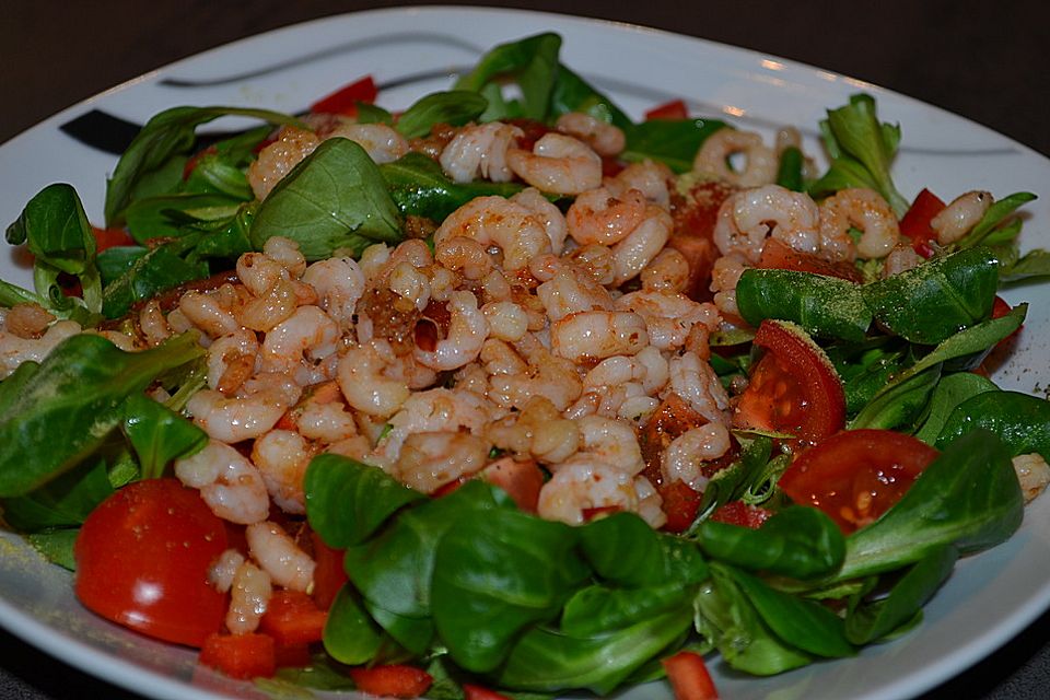 Chili - Knoblauch - Garnelen mit Feldsalat