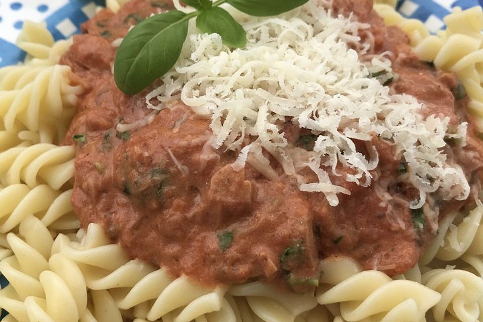 Nudeln in leichter, sämiger Thunfisch-Tomaten-Käse Sauce