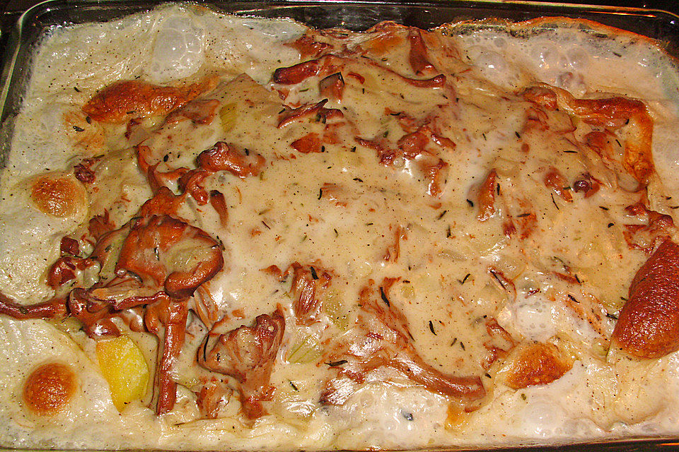 Kartoffelgratin mit Pfifferlingen und Lachs