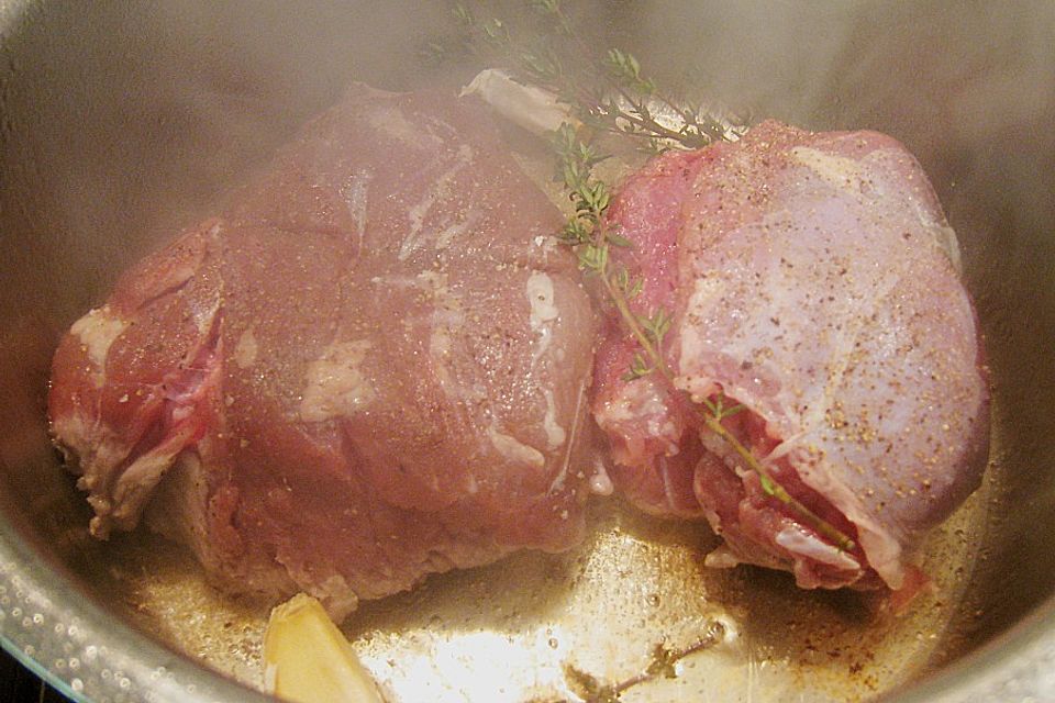 Heidschnuckenkeulenbraten (NT) und Rippchen mit Gemüsevariation und Kartoffelkugeln