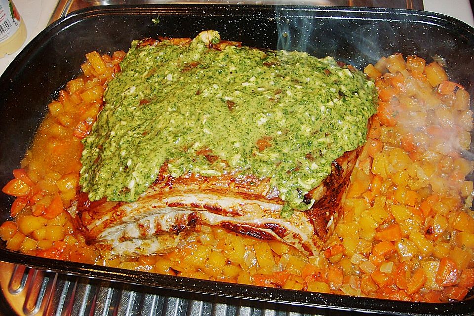 Krosser Schweinebauch mit Steckrüben und Birnen oder Möhren